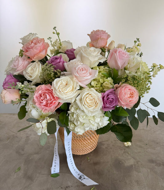 Blushing Elegance Flower Basket