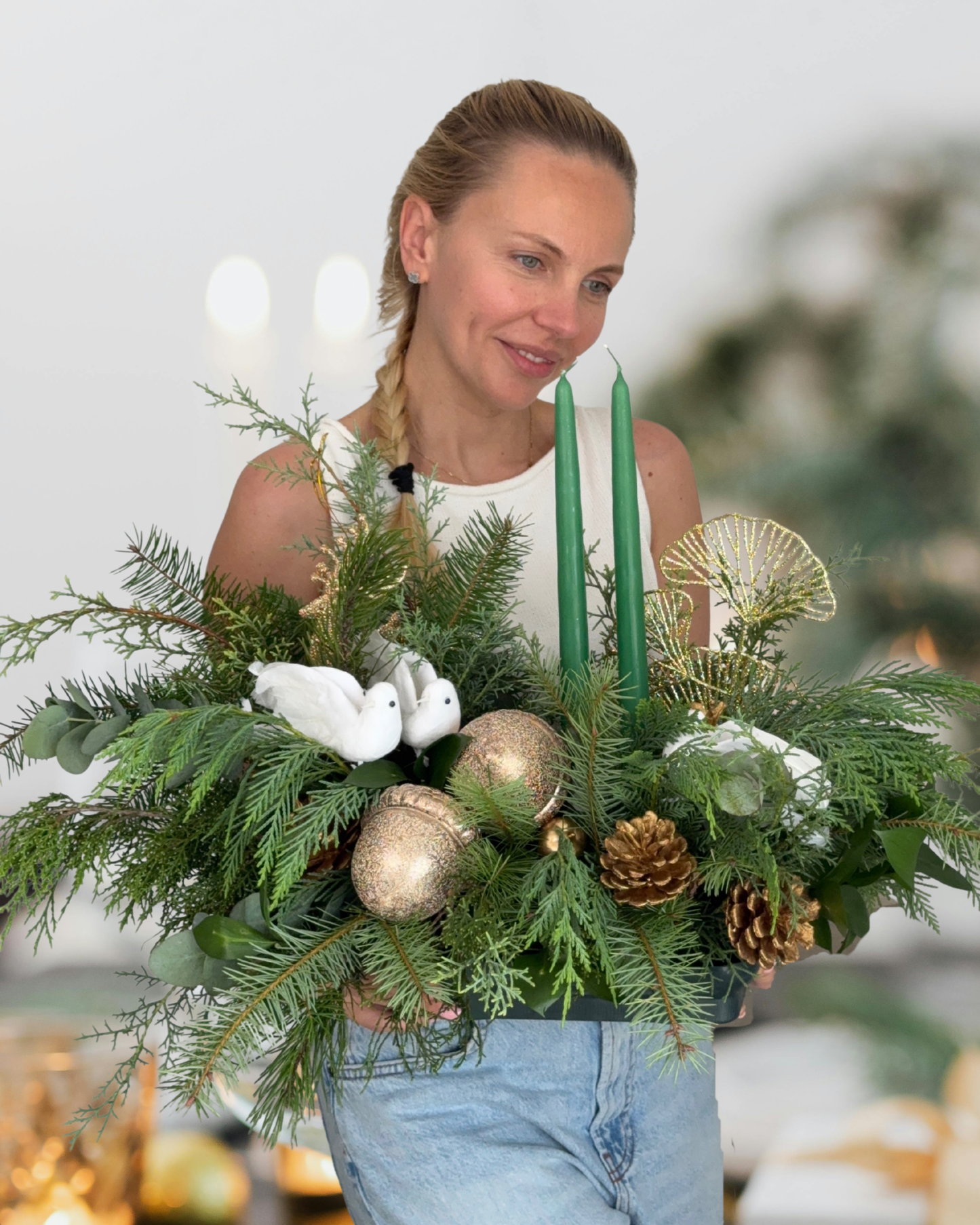 Elegant Green & Gold Christmas Centerpiece