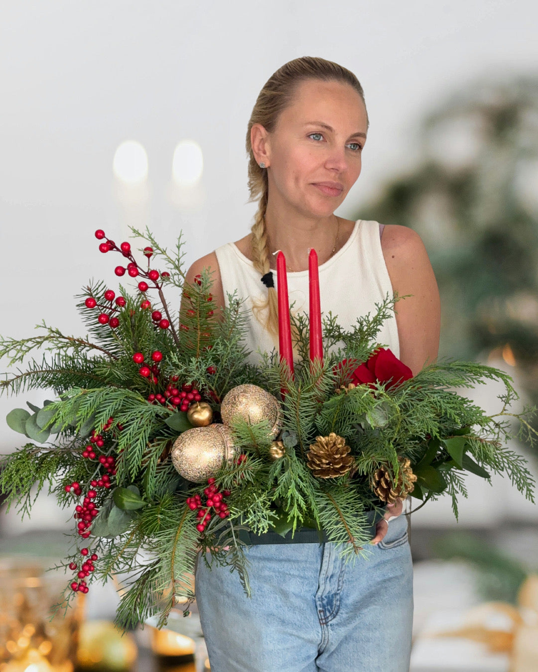 Red & Gold Christmas Candle Centerpiece