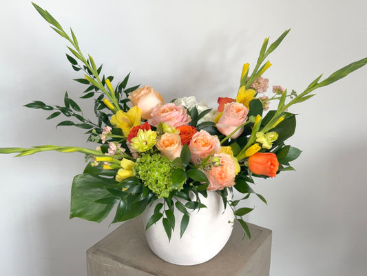 Sunset Garden, peach, orange, pink and yellow flowers with greenery